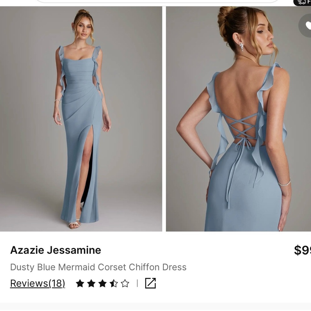 Azazie Dusty Blue Ruffled Strap Mermaid Gown